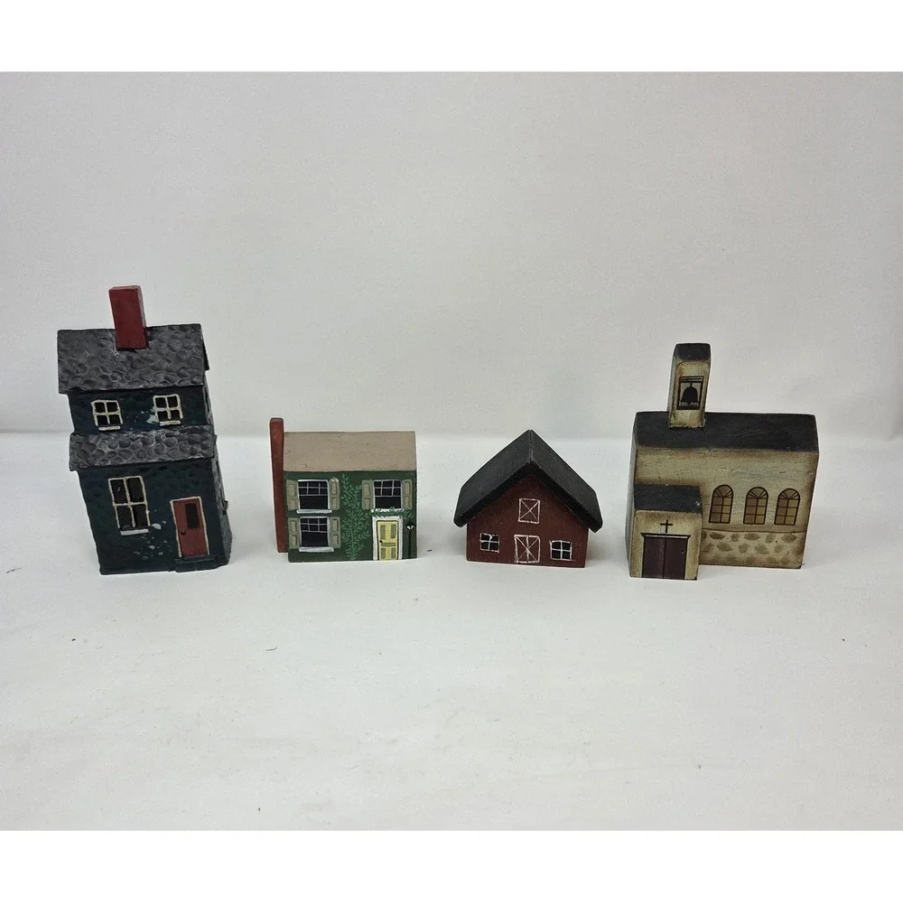 Primitive Folk Art Wooden Village Houses Set of 4 Handpainted Church Barn